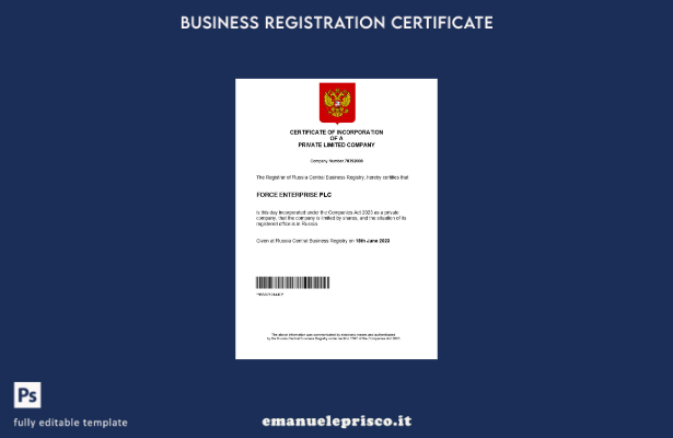 certificato di registrazione aziendale in stile verificato in Russia Modello Wor